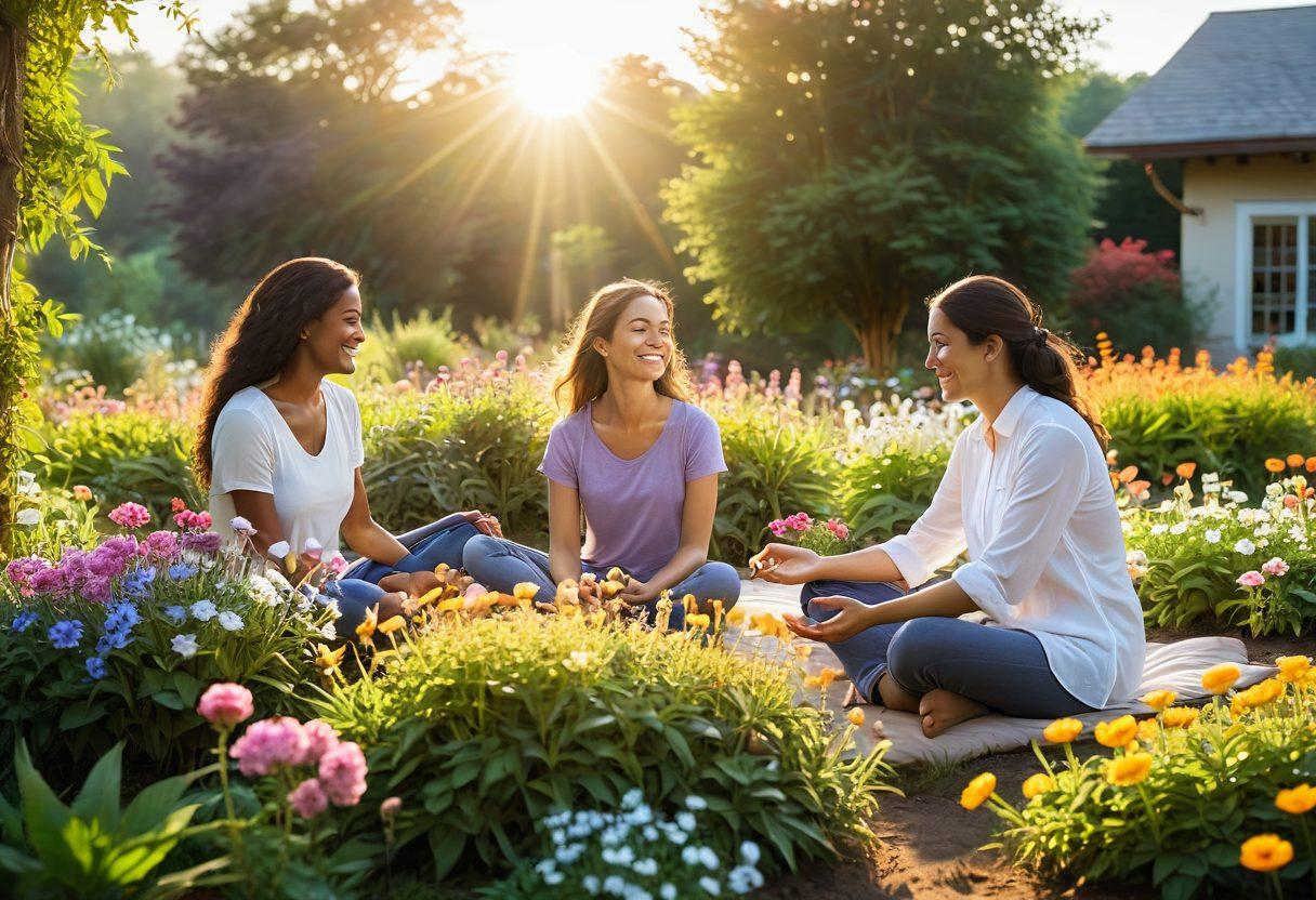 A serene landscape with blooming flowers and a radiant sun rising in the background, symbolizing growth and positivity. In the foreground, a diverse group of people engaging in joyful activities like laughing, gardening, and practicing mindfulness, representing the uplifting habits of life. Soft, warm colors to evoke a sense of tranquility and joy. bright and colorful. super-realistic.