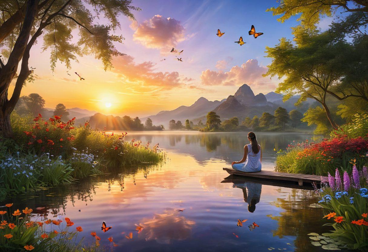 An ethereal landscape featuring a radiant sunrise casting golden rays over a serene lake, with blooming flowers and lush greenery surrounding the scene. A figure meditating peacefully, surrounded by shimmering butterflies, embodies tranquility and joy. Warm tones create a welcoming atmosphere, inviting viewers to embrace positivity and bliss. dreamy and serene. vibrant colors. 3D.