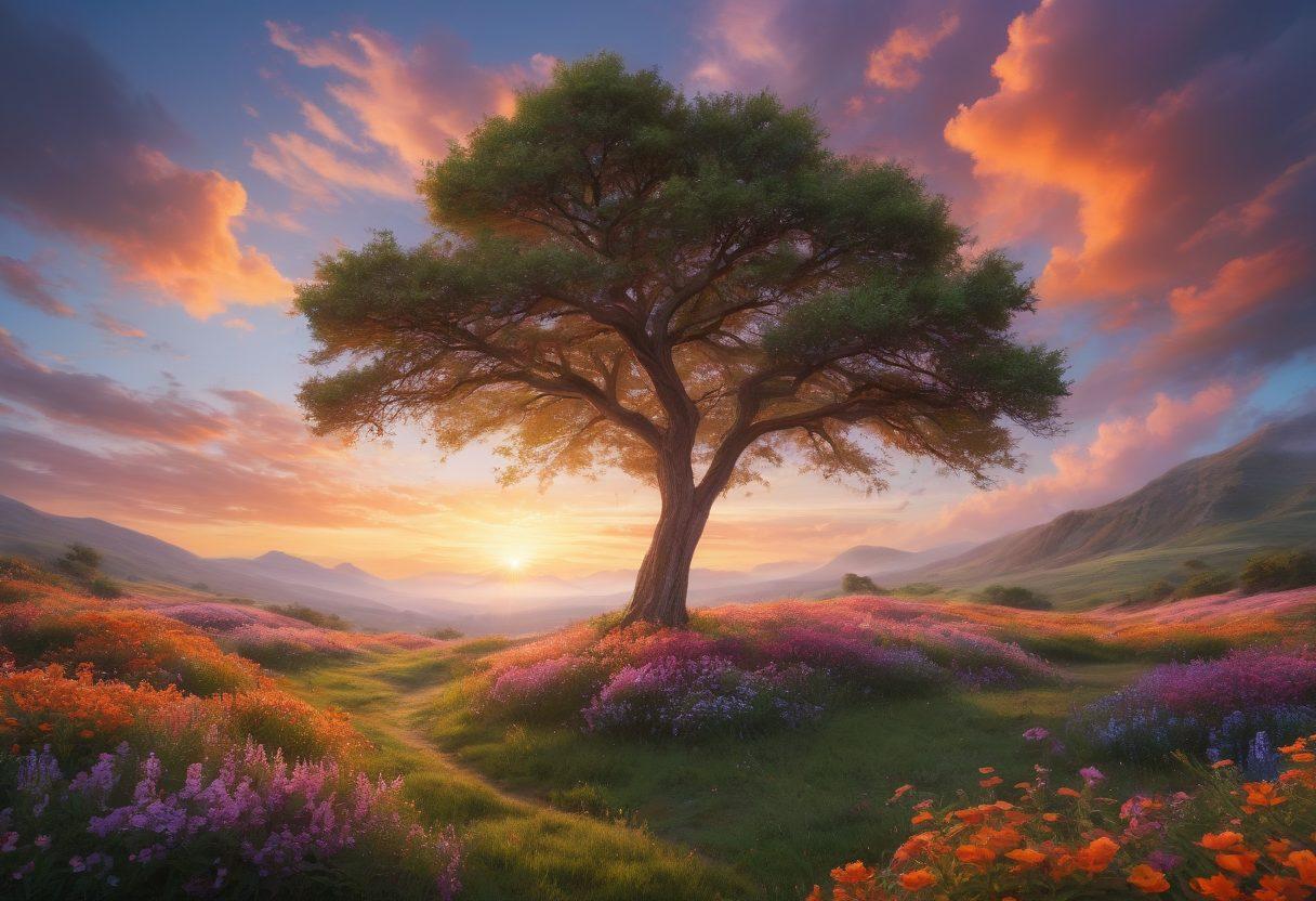 A serene landscape with a vibrant sunrise symbolizing hope, featuring a robust tree bending in the wind amidst colorful wildflowers to represent resilience. A person practicing yoga among the flowers, exuding cheerfulness and strength. Gentle clouds softly drifting, evoking a peaceful atmosphere. super-realistic. vibrant colors. 3D.